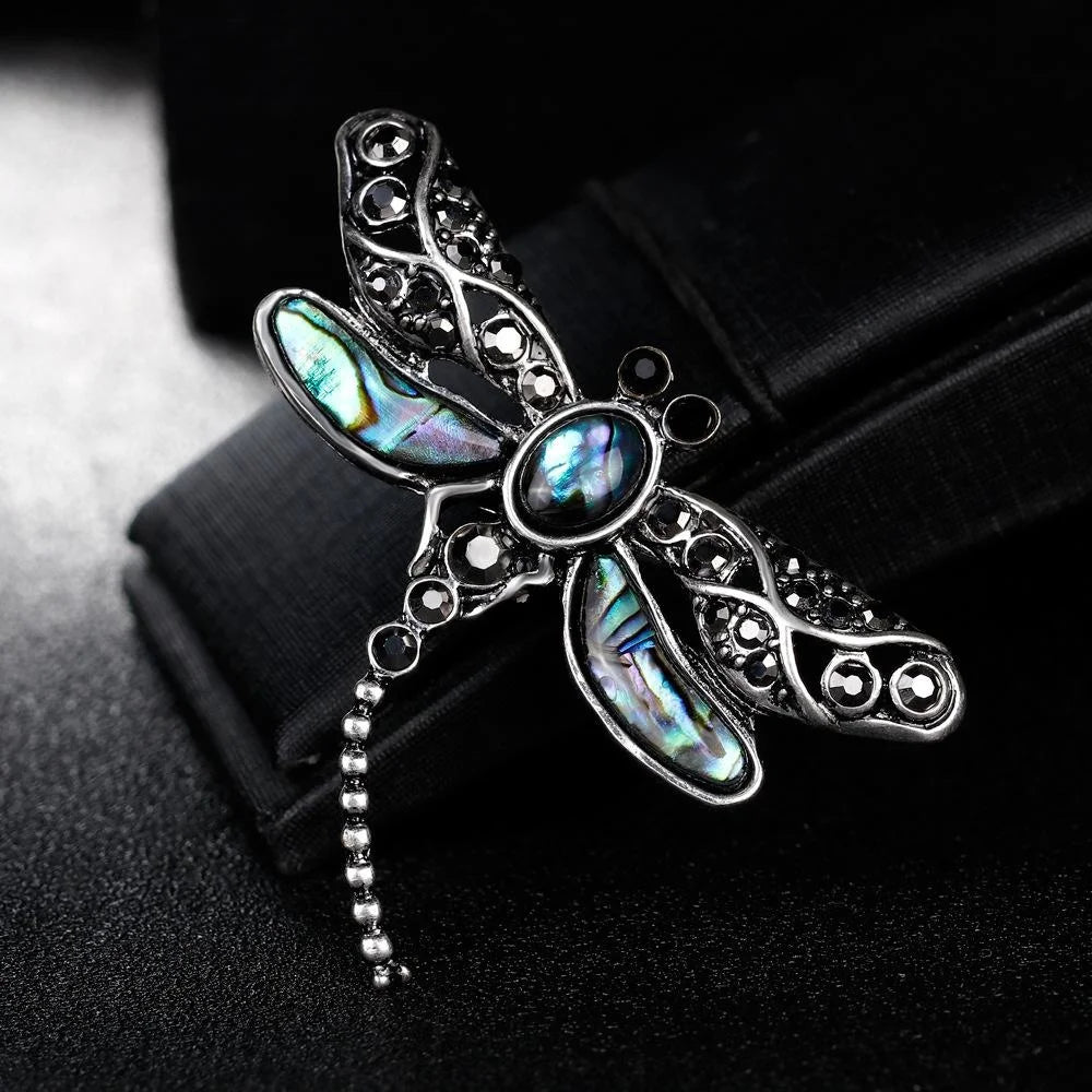 Vintage Dragonfly Mother Of Pearl Rhinestone Alloy Brooch Elegant Lapel Pin Scarf Buckle Suit Accessory Gift