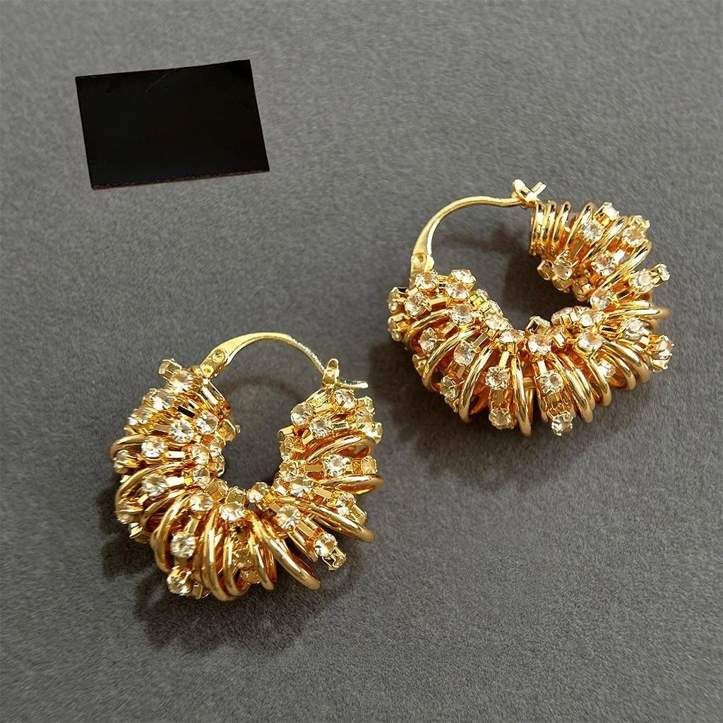 14K Gold Plated Copper Pave Round Geometric Line Drop Earrings for Elegant Office Wear