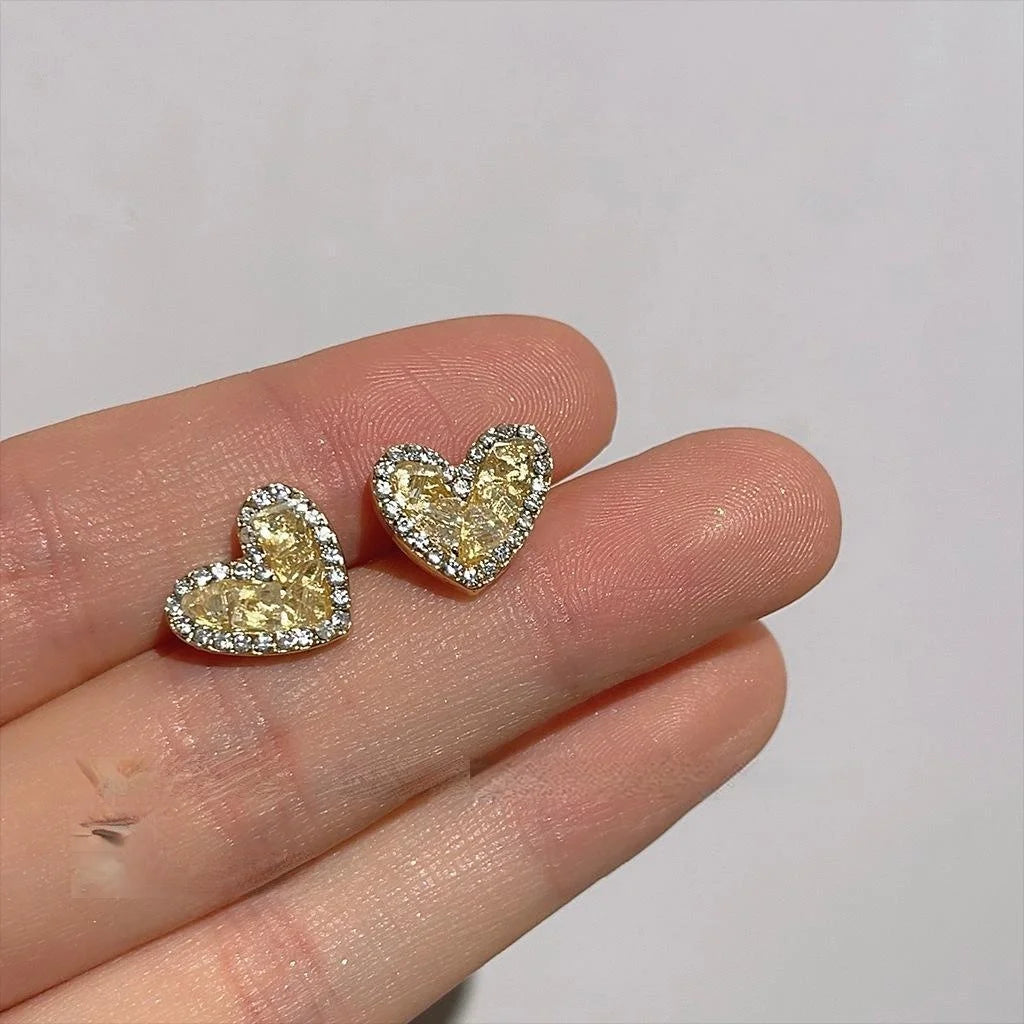 Sweet Mini Heart Stud Earrings With Handmade Sunset Orange Glass Crystal Inlay
