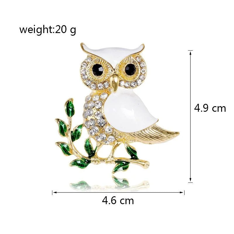 Cute Enamel Owl On Branch Brooch With Rhinestones, Gold Tone Alloy Lapel Pin Corsage Gift For Women