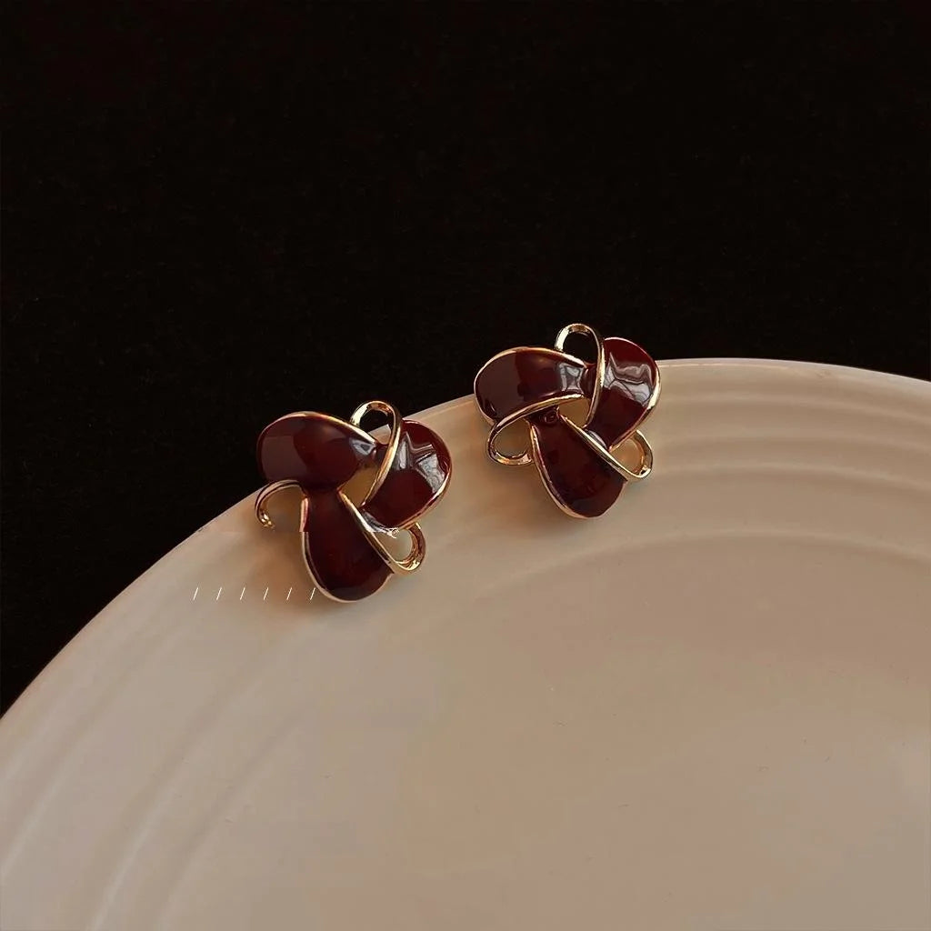 Vintage Wine Red Geometric Triangle Hollow Enamel 14K Plated Copper Stud Earrings