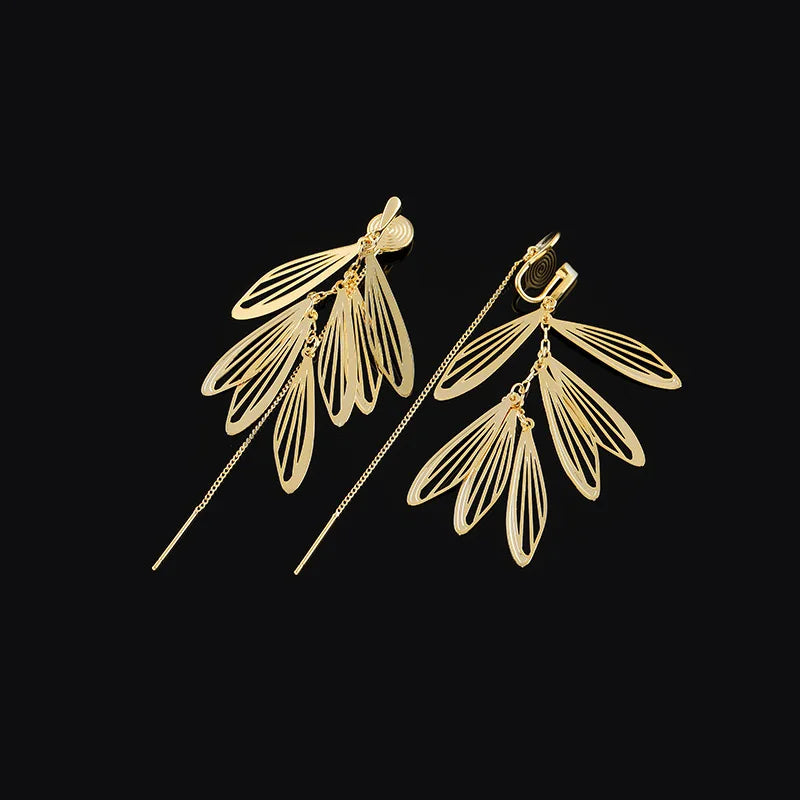 Elegant Gold Alloy Hollow Leaf Tassel Ear Thread Stud & Clip On No Piercing Long Drop Earrings