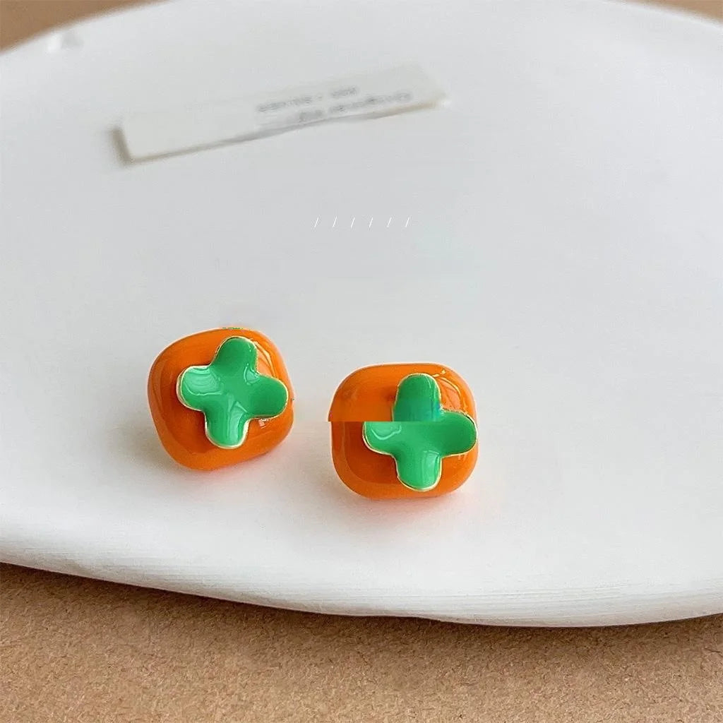 Sweet Persimmon Fruit Stud Earrings Copper Cute Little Lantern Design For Students