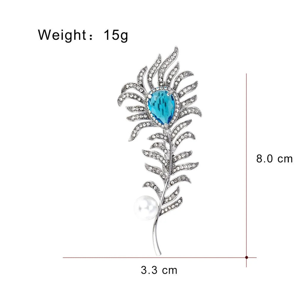 Elegant Crystal Rhinestone Leaf Brooch With Blue Teardrop Gem And Pearl, Luxury Lapel Pin Corsage Gift