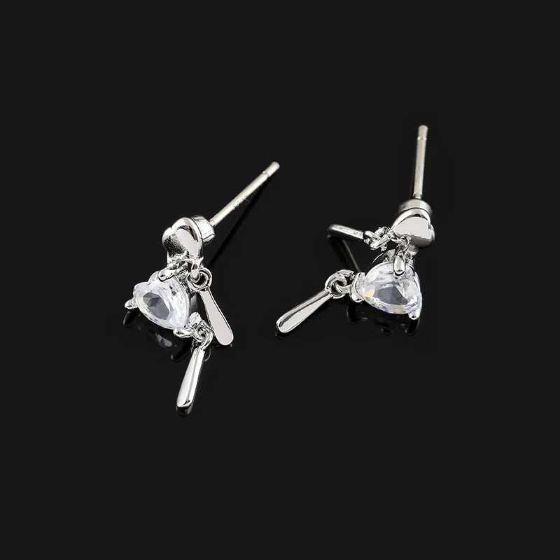 Elegant Tiny Heart Zircon Dangle Stud & Clip On No Piercing Silver Alloy Sparkle Love Earrings