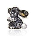 Cute Rabbit Brooch With Black Rhinestones Faux Pearls And Blue Enamel Ear, Elegant Lapel Pin Suit Accessory Gift