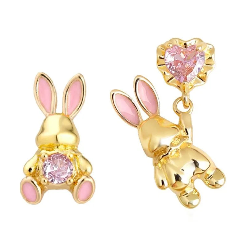 Cute Asymmetric Rabbit Drop Earrings With Zircon Inlay, Enamel Copper