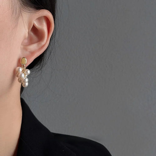 Light Luxury Handmade Silver Plated Pin Glass Pearl Grape Cluster Tassel Drop Earrings