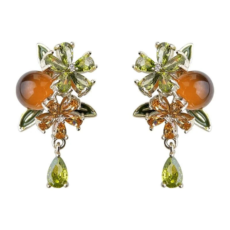 Vintage Floral Persimmon Leaf Drop Earrings With Zircon Resin And Copper Silver-Plated Pins
