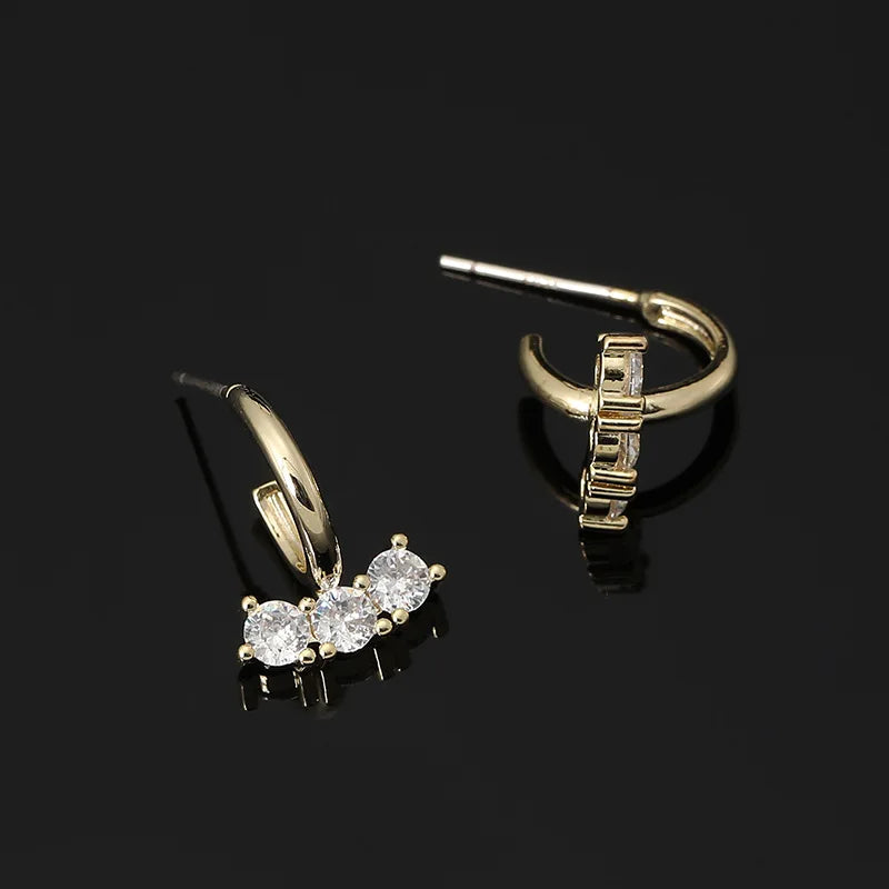 Elegant Gold Alloy Spiral Coil Hoop With Three Zircon Stones, Stud & Clip On No Piercing Earrings