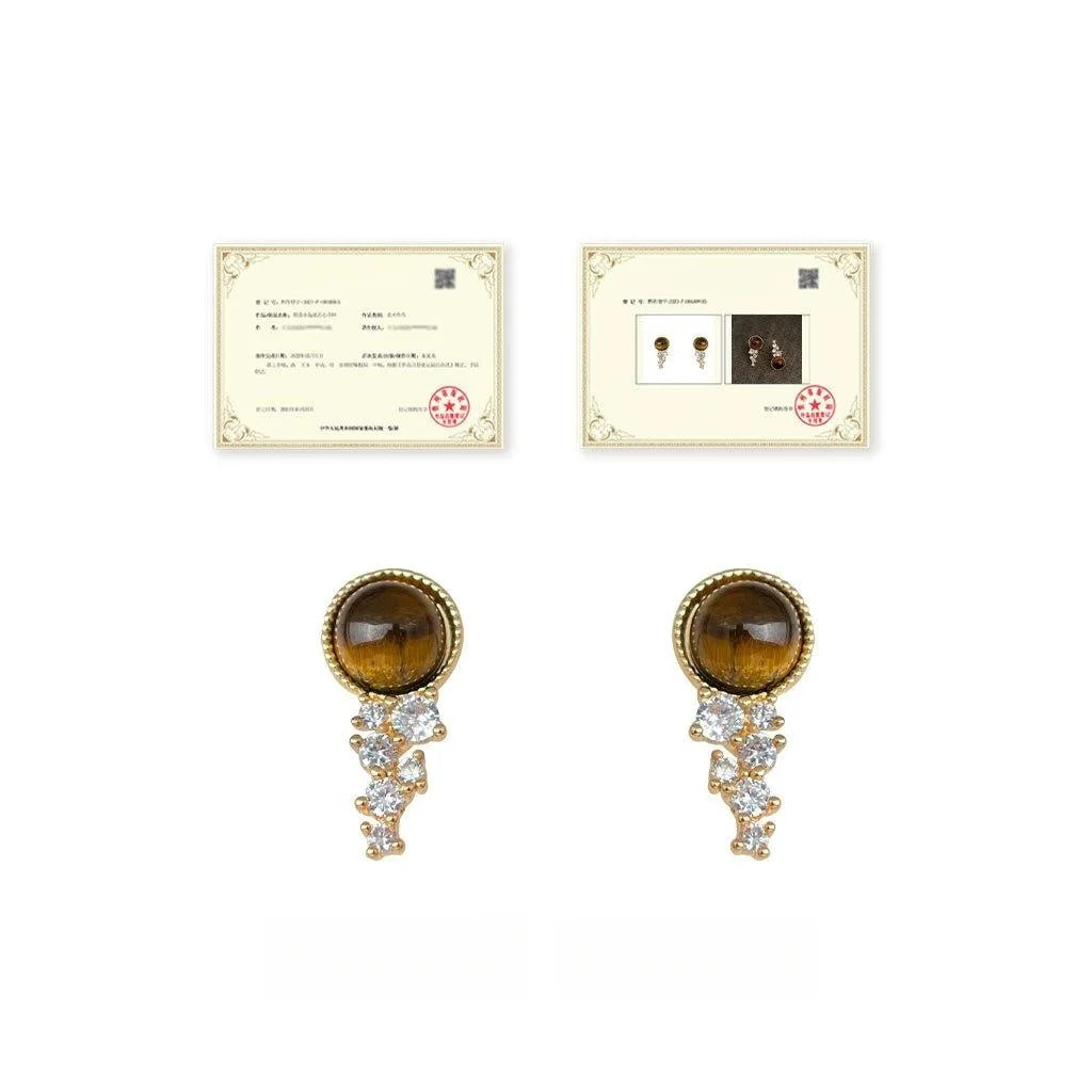 14K Plated Copper Tiger Eye Stone Zircon Round Stud Earrings