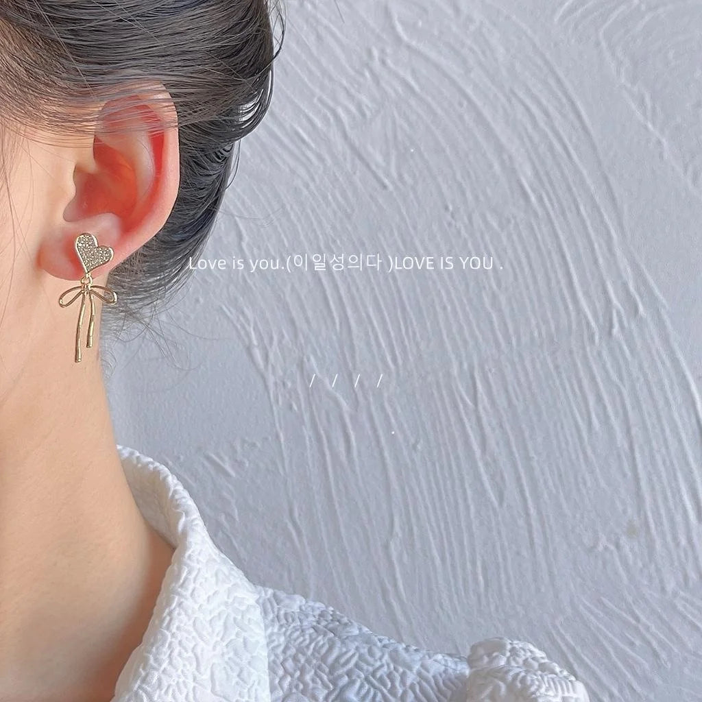 14K Plated Copper Micro Pave Zircon Asymmetric Heart Bow Stud Earrings Sweet Jewelry