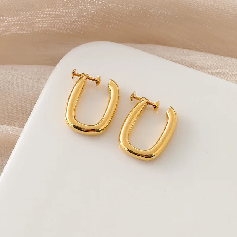 Elegant Gold Alloy U-Shaped Oval Hoop Stud & Clip On No Piercing Minimalist Screw Back Earrings
