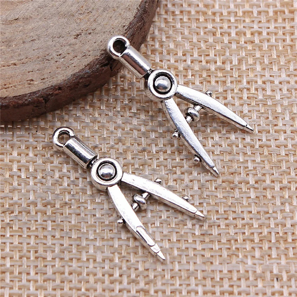 11x28mm 1.5g Antique Silver Zinc Alloy Drafting Compass Charm Pendant for Tool Theme Jewelry