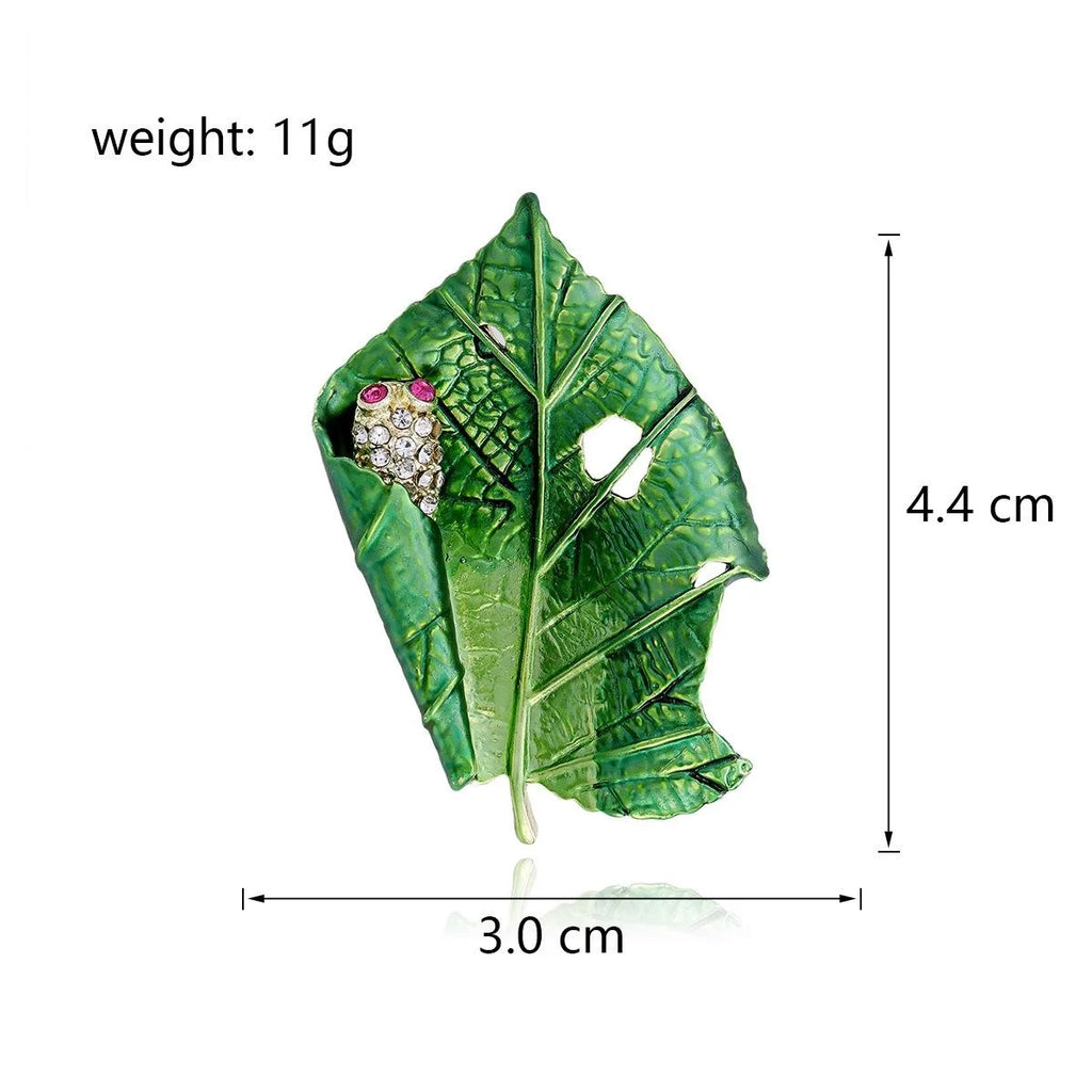 Elegant Green Enamel Leaf Brooch With Rhinestone Insect, Alloy Lapel Pin Corsage Suit Accessory Gift