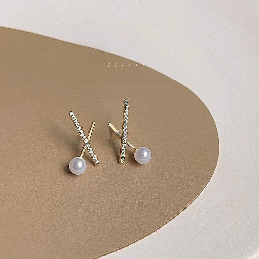 14K Gold Plated Copper Cross Stud Earrings With Micro Pave Zircon Minimalist Geometric Line Jewelry