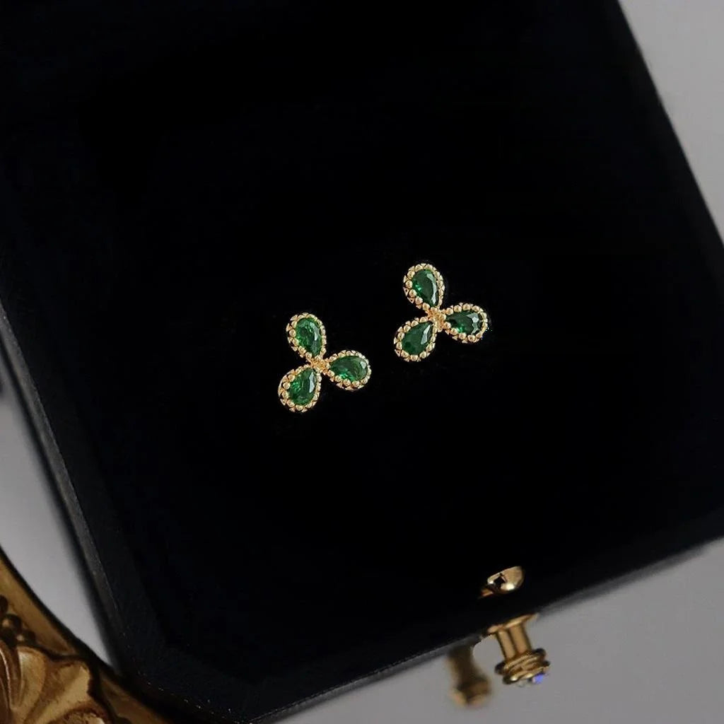 14K Gold Plated Copper Emerald Zircon Lucky Flower Mini Stud Earrings Simple Fashion Jewelry