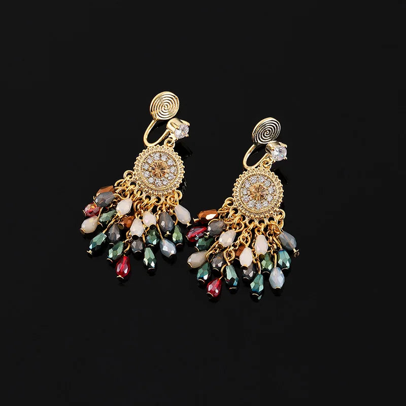 Vintage Spiral Round Rhinestone Crystal Tassel Stud & Clip On No Piercing Long Drop Earrings