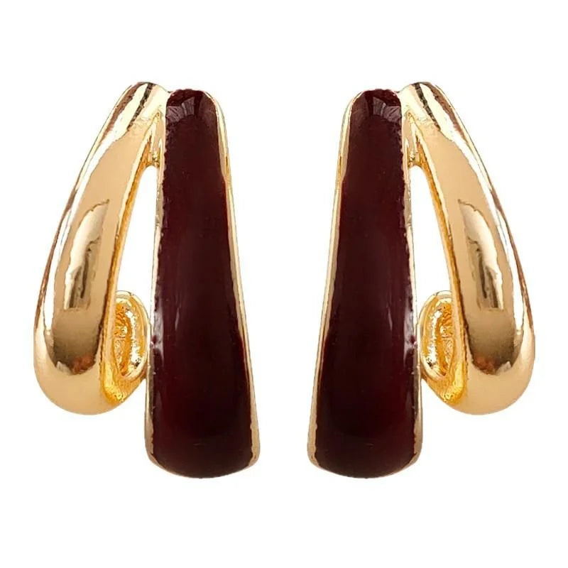 Hong Kong Retro 14K Gold Plated Copper Wine Red Enamel Geometric Hoop Stud Earrings For Women