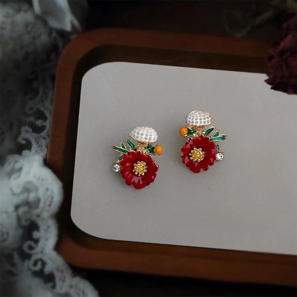 French Oil Painting Style Red Flower Drip Glaze Stud Earrings