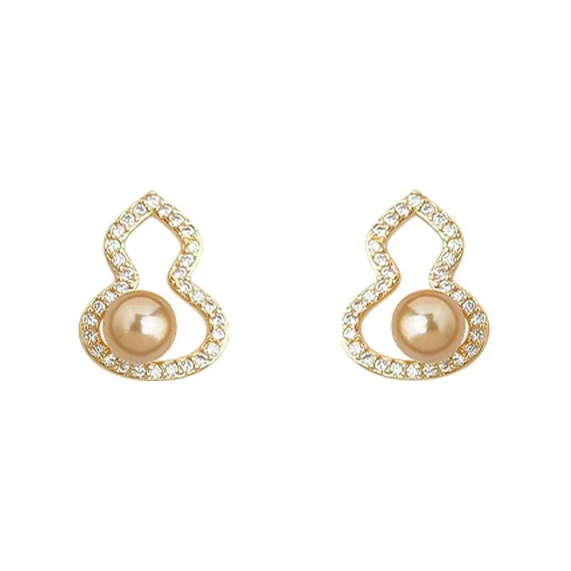 Light Luxury Copper Gourd Stud Earrings With Micro Pave Zircon, Pearl Accent
