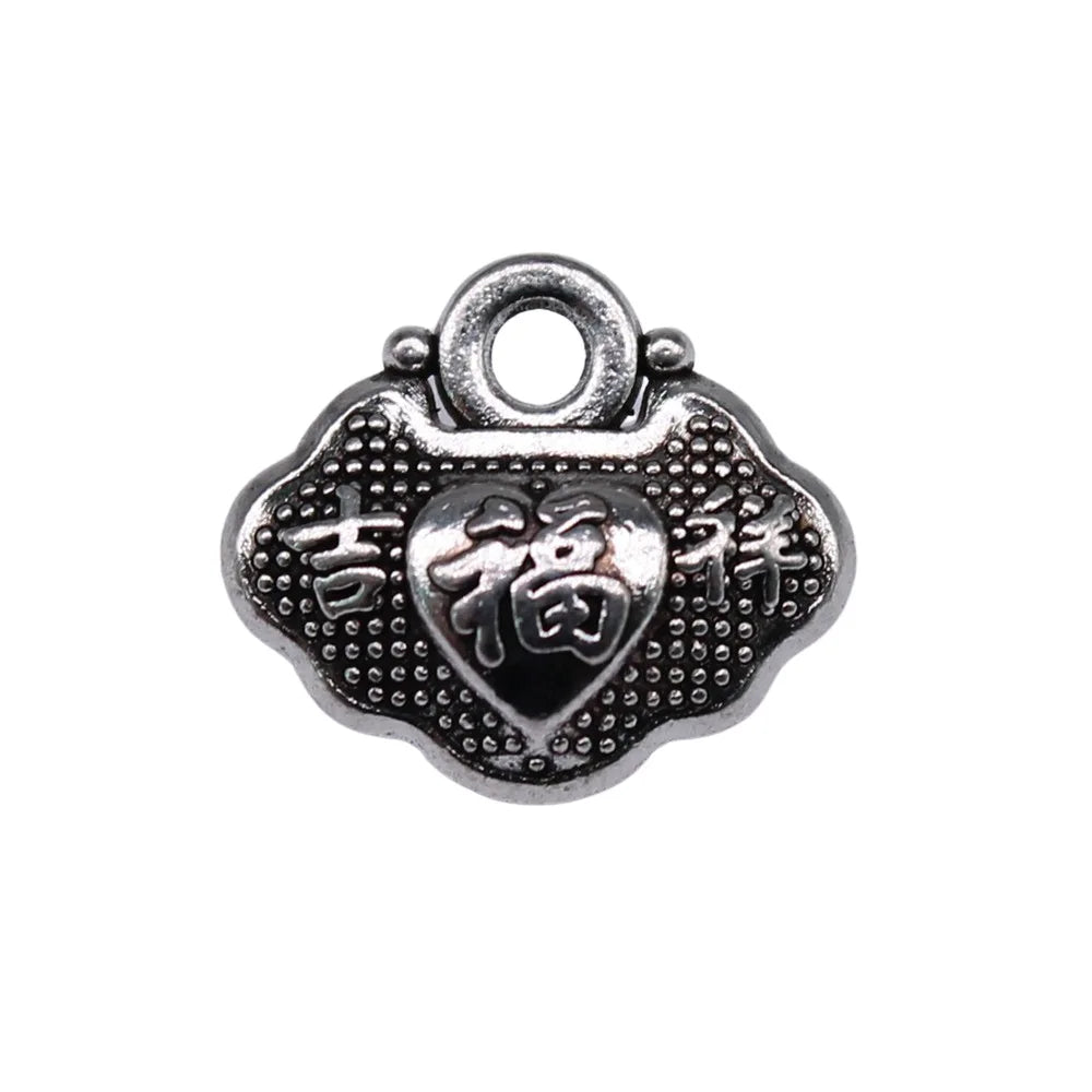 12x10mm 1.03g Antique Silver Zinc Alloy Fu Character Lock Charm Pendant for DIY Jewelry Making