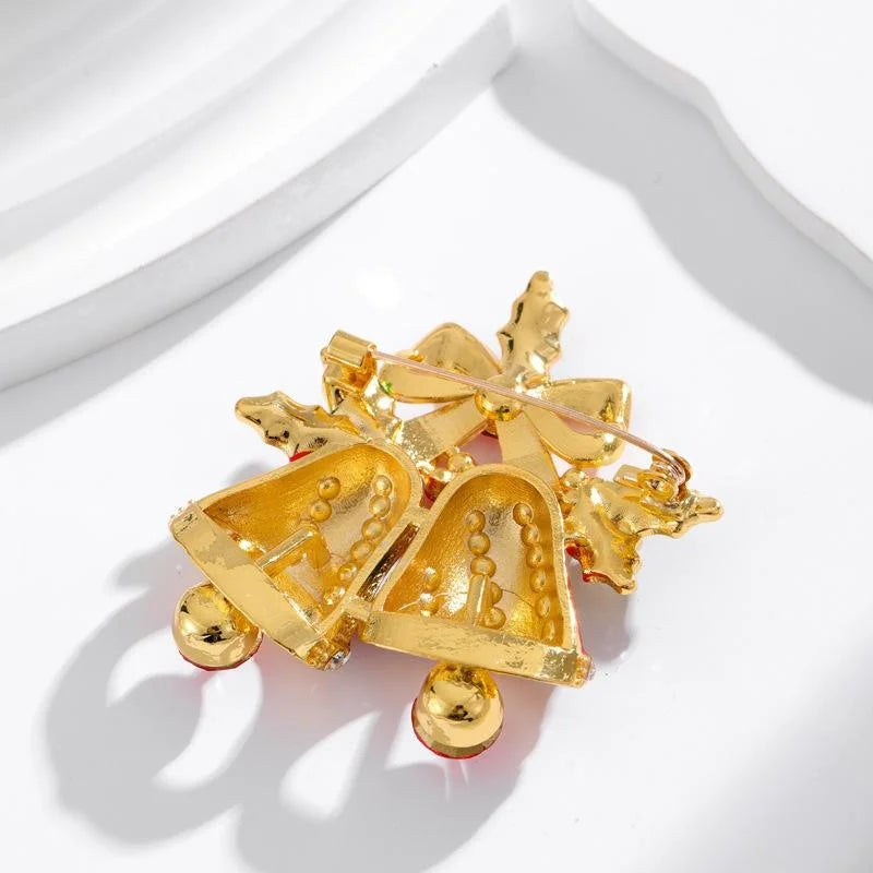 Luxury Christmas Bell Bow Enamel Rhinestone Brooch For Women, Festive Lapel Pin Corsage Gift
