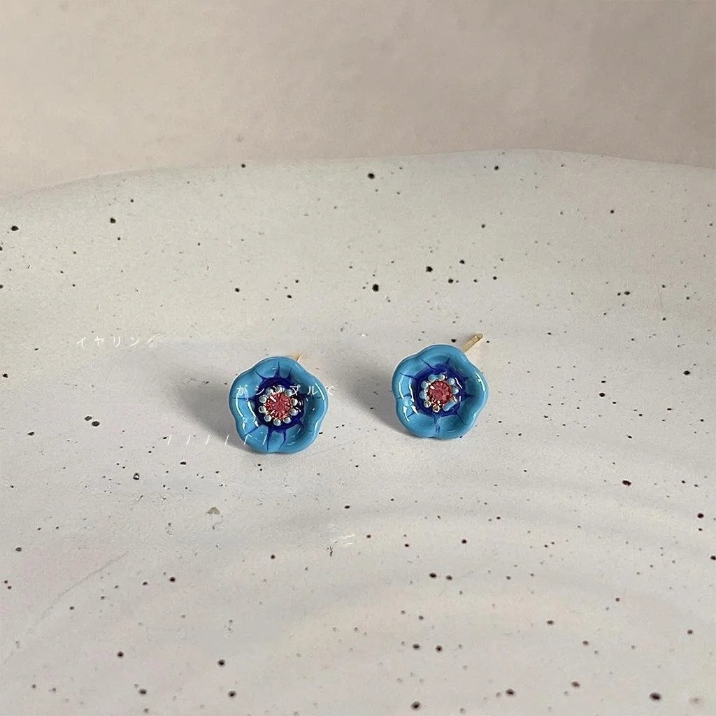 14K Gold Plated Blue Enamel Flower Stud Earrings Forest Style Metal Jewelry