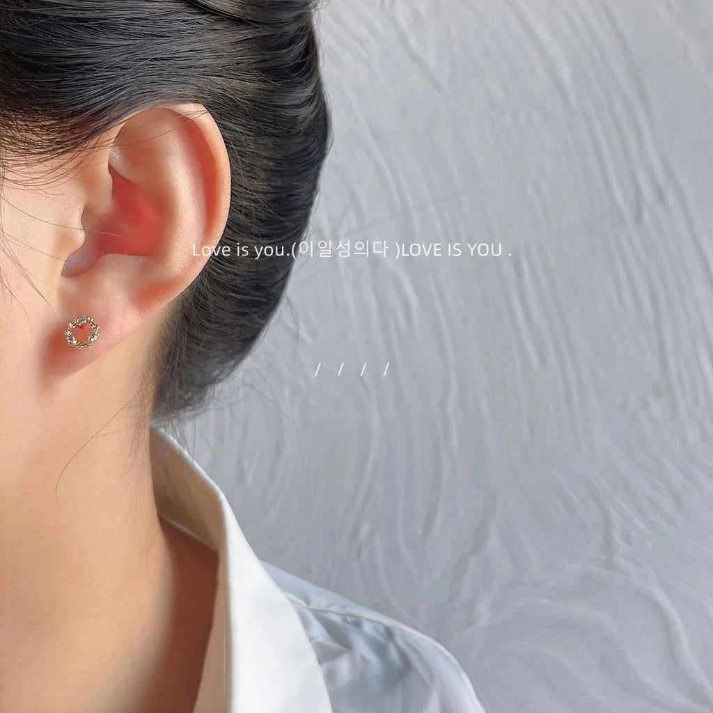 14K Plated Copper Micro Pave Zircon Mini Circle Wreath Stud Earrings Korean Minimalist Jewelry