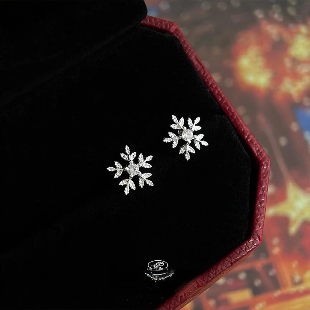 Sweet Snowflake Micro Pave Zircon Copper Stud Earrings, Silver Plated Winter Jewelry