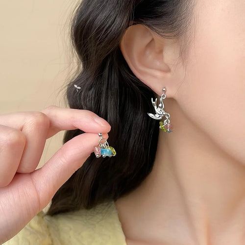 Forest Style Natural Strawberry Quartz Asymmetric Bird Drop Earrings Original Jewelry