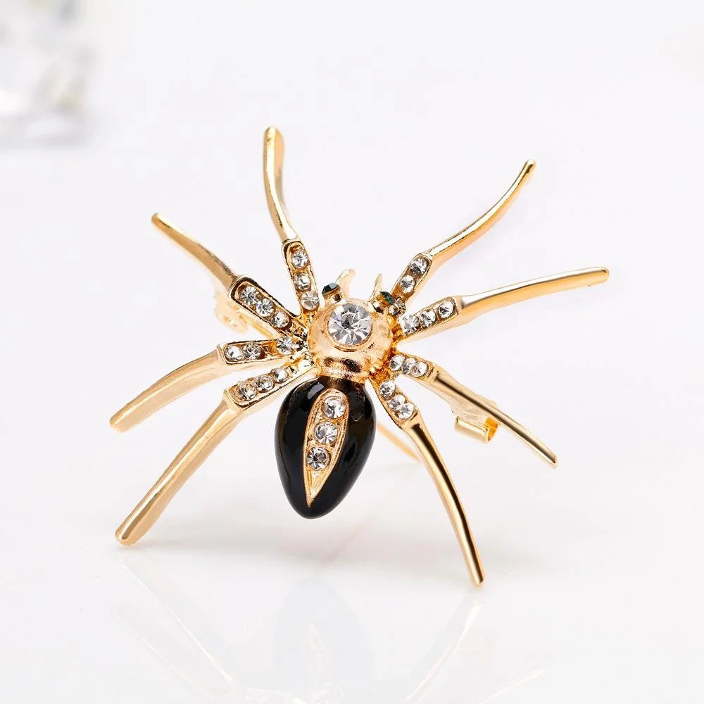 Luxury Gold Alloy Spider Brooch With Red Enamel And Rhinestones, Elegant Women's Lapel Pin Suit Accessory