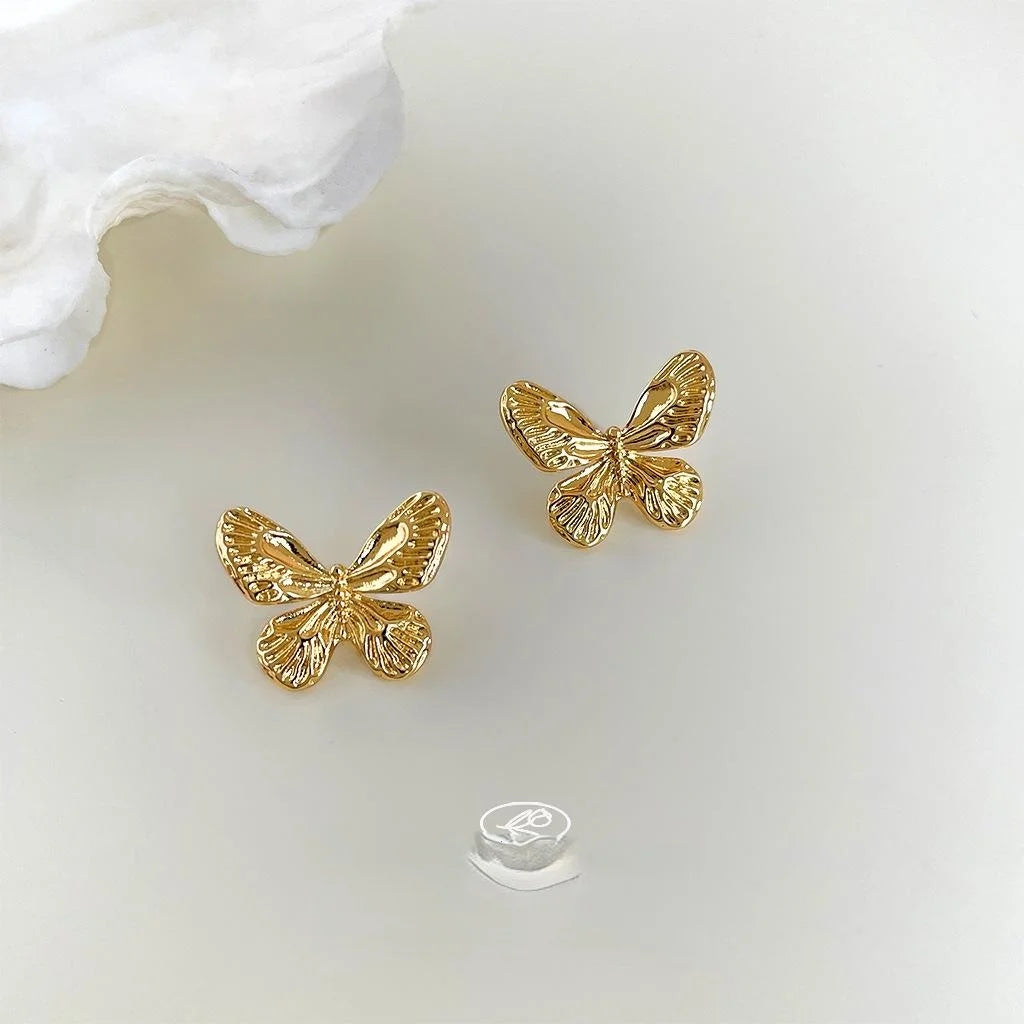 Textured Copper Butterfly Stud Earrings French Vintage New Chinese Elegant Jewelry