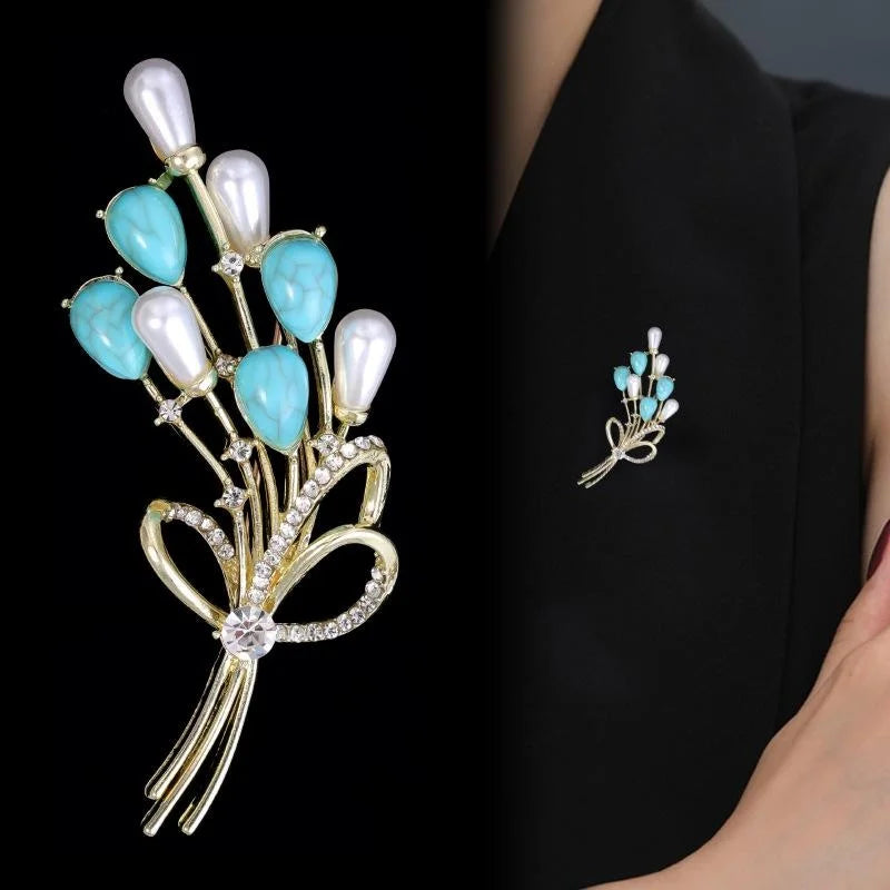 Elegant Turquoise Balloon Bouquet Brooch With Pearl Rhinestone Alloy Lapel Pin Luxury Suit Corsage Gift