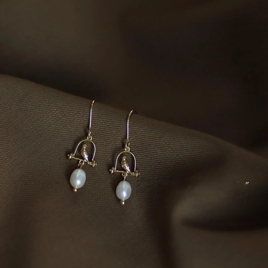 French Vintage Copper Freshwater Pearl Caged Bird Drop Earrings Handmade Palace Style Jewelry