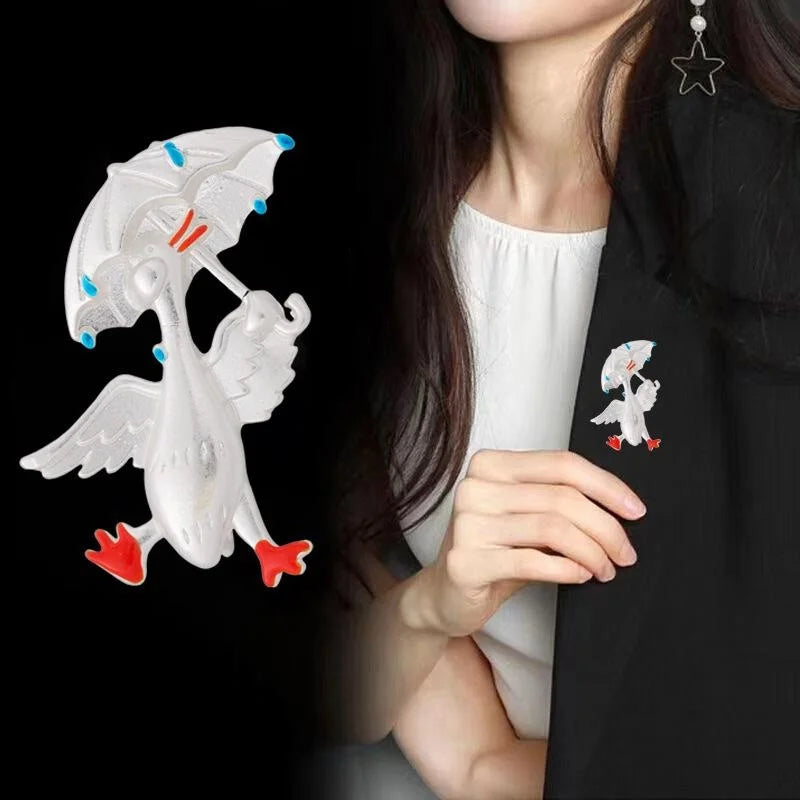 Cute Enamel Duck With Umbrella Alloy Brooch, Whimsical Animal Lapel Pin Corsage Gift For Women