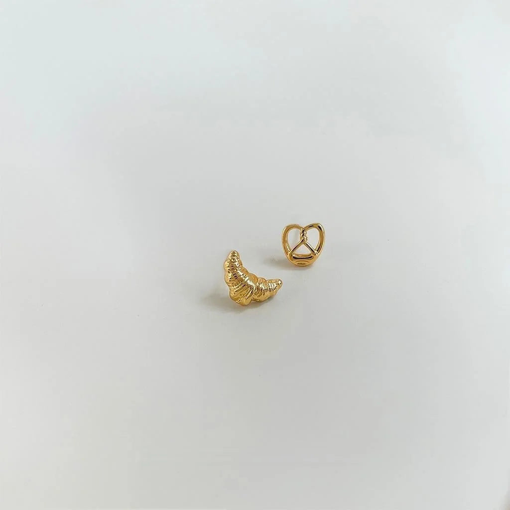 14K Gold Plated Copper Pretzel Croissant Asymmetric Stud Earrings Mini Sweet Geometric Jewelry