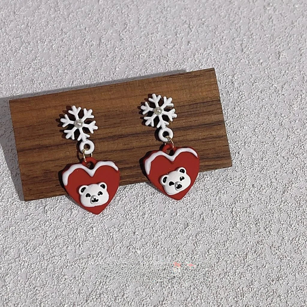 Cute Christmas Alloy Stud Earrings With Silver Plated Pins, Santa Snowflake Cartoon Design