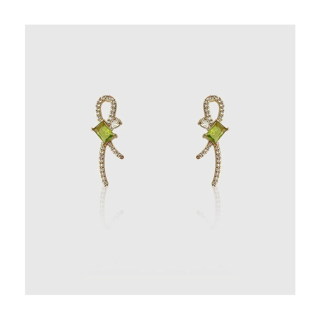 Original Design Green Bow Geometric Micro Pave Zircon 14K Plated Copper Drop Earrings
