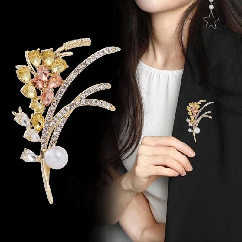 Elegant Wheat Ear Flower Brooch With Rhinestone Crystal Pearl, Gold Alloy Lapel Pin Corsage Suit Accessory