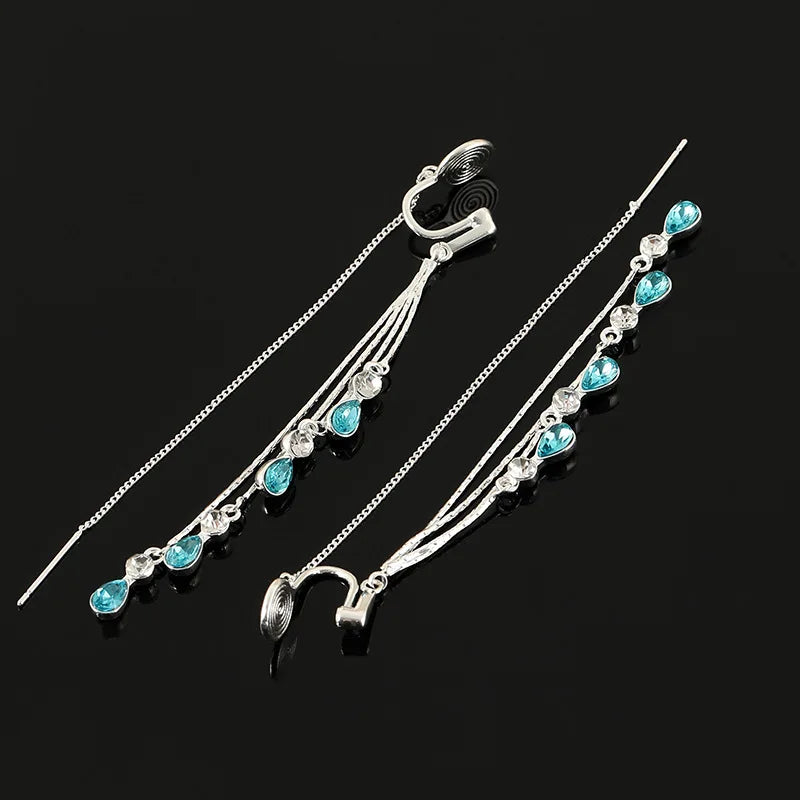 Elegant Blue Crystal Water Drop Long Tassel Threader Stud & Clip On No Piercing Alloy Earrings
