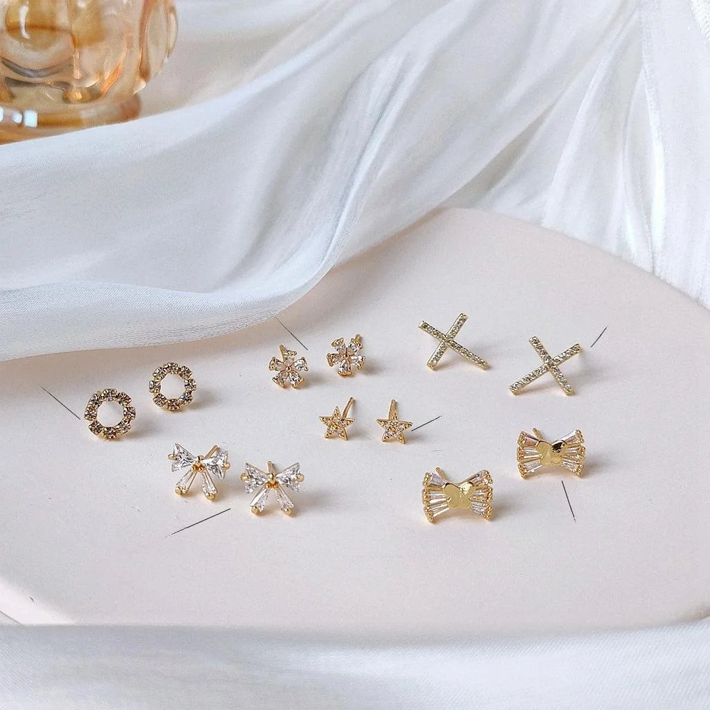 14K Gold Plated Zircon Micro Pave Bow Stud Earrings For Women Light Luxury Mini Jewelry