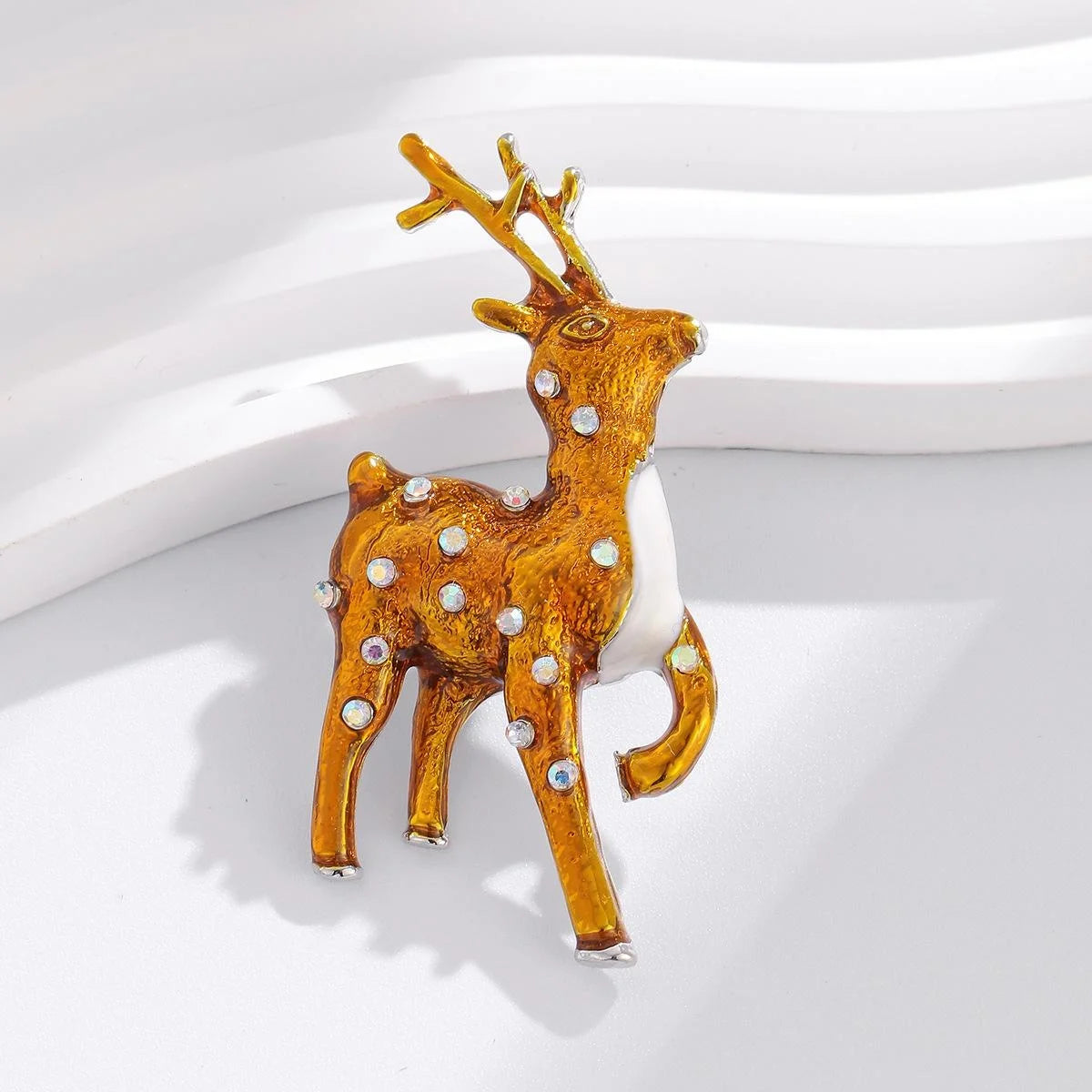 Cute Christmas Deer Enamel Rhinestone Brooch, Gold Reindeer Lapel Pin Corsage Holiday Jewelry Gift