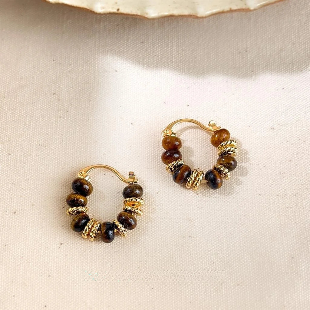 14K Plated Copper Tiger Eye Round Geometric French Vintage Maillard Drop Earrings
