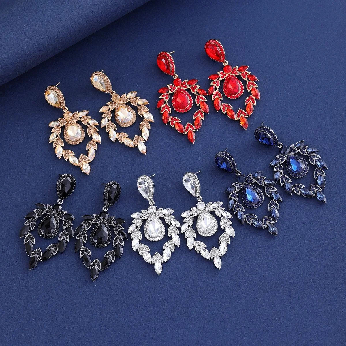 Vintage Luxury Blue Crystal Teardrop Chandelier Earrings, Rhinestone Alloy Dangle Earrings For Wedding Party Gift
