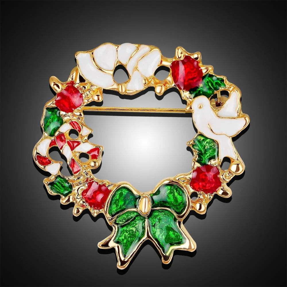 Elegant Christmas Wreath Enamel Alloy Rhinestone Brooch For Women, Festive Lapel Pin Corsage Gift