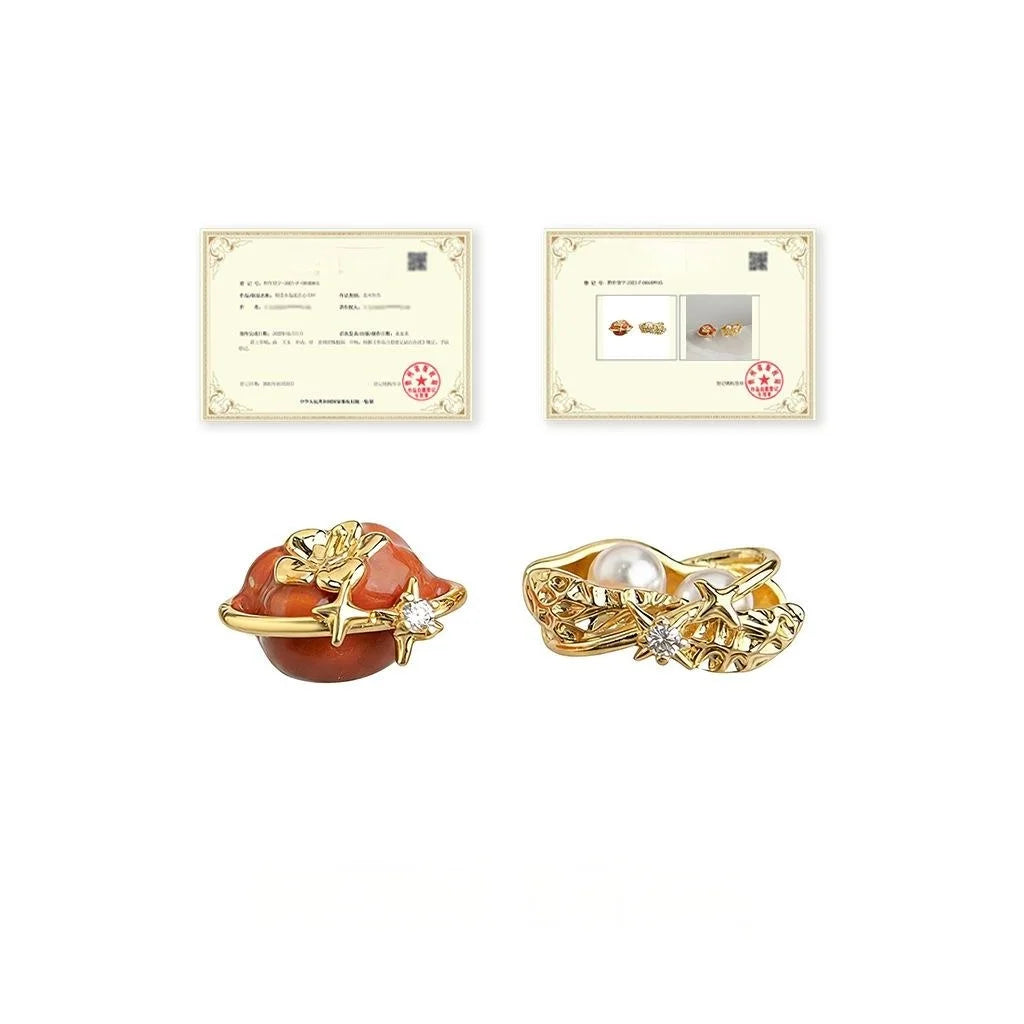 Asymmetric Persimmon Peanut Zircon Enamel Stud Earrings With Pearl Copper