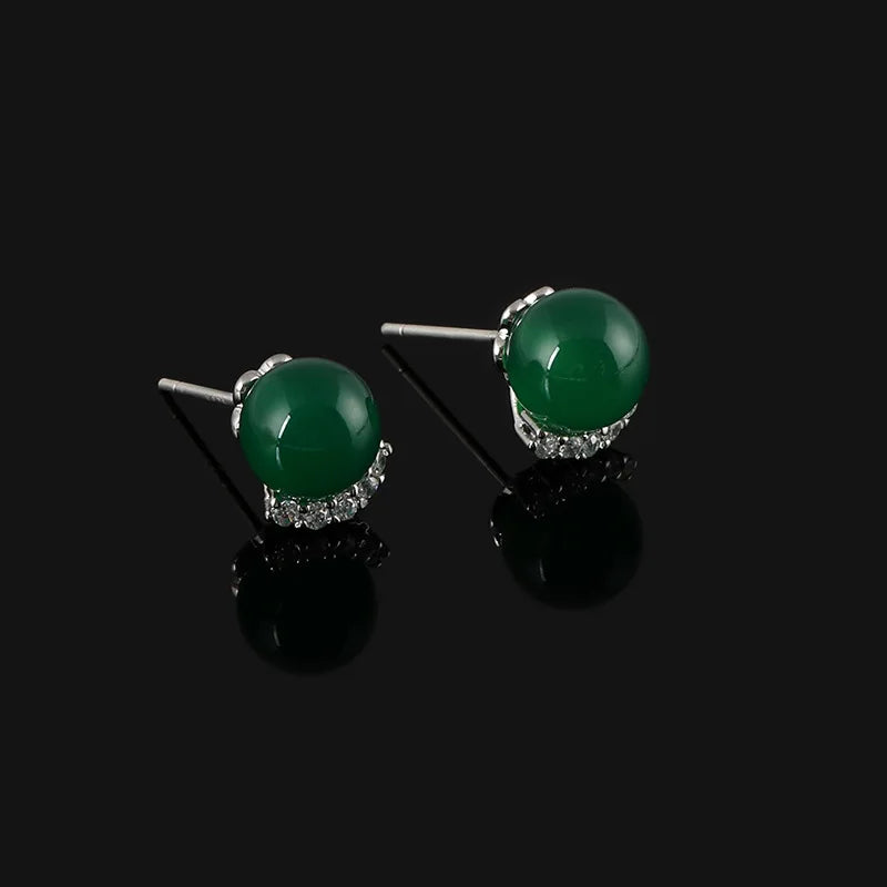 Vintage Chinese Style Green Agate Round Bead Rhinestone Spiral Stud & Clip On No Piercing Earrings