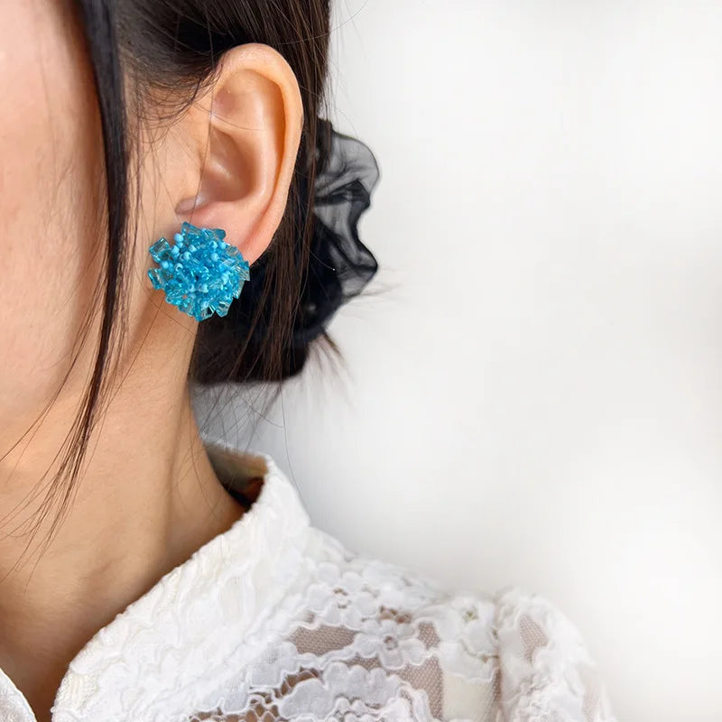 Elegant Blue Crystal Beaded Flower Stud & Clip On No Piercing Handmade Summer Statement Earrings