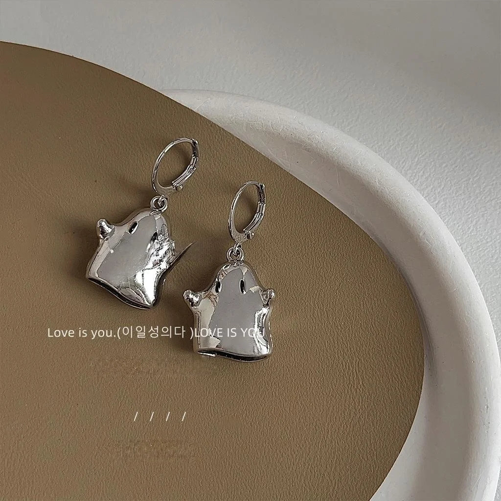 Sweet Cool Silver Metal Little Ghost Drop Earrings For Women Irregular Geometric Minimalist Jewelry